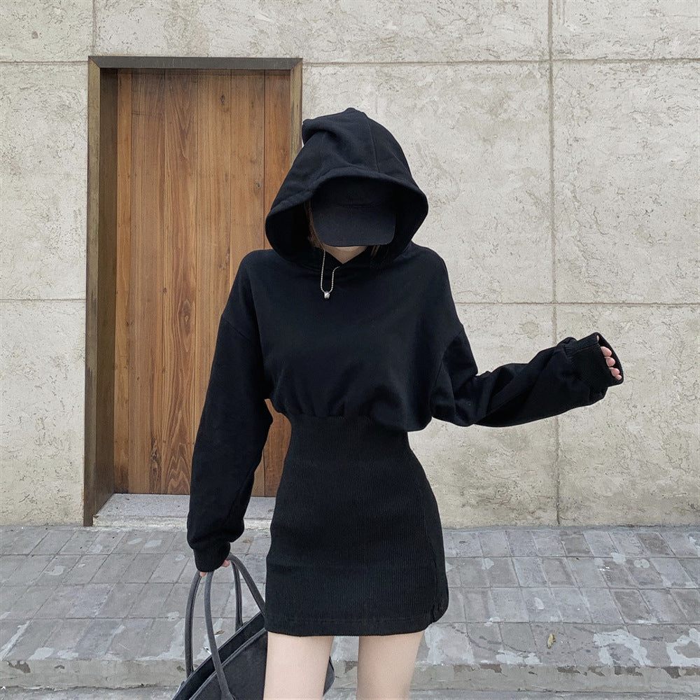 Design Sense Petite Light-Mature Hepburn Style Black Hoodie Dress
