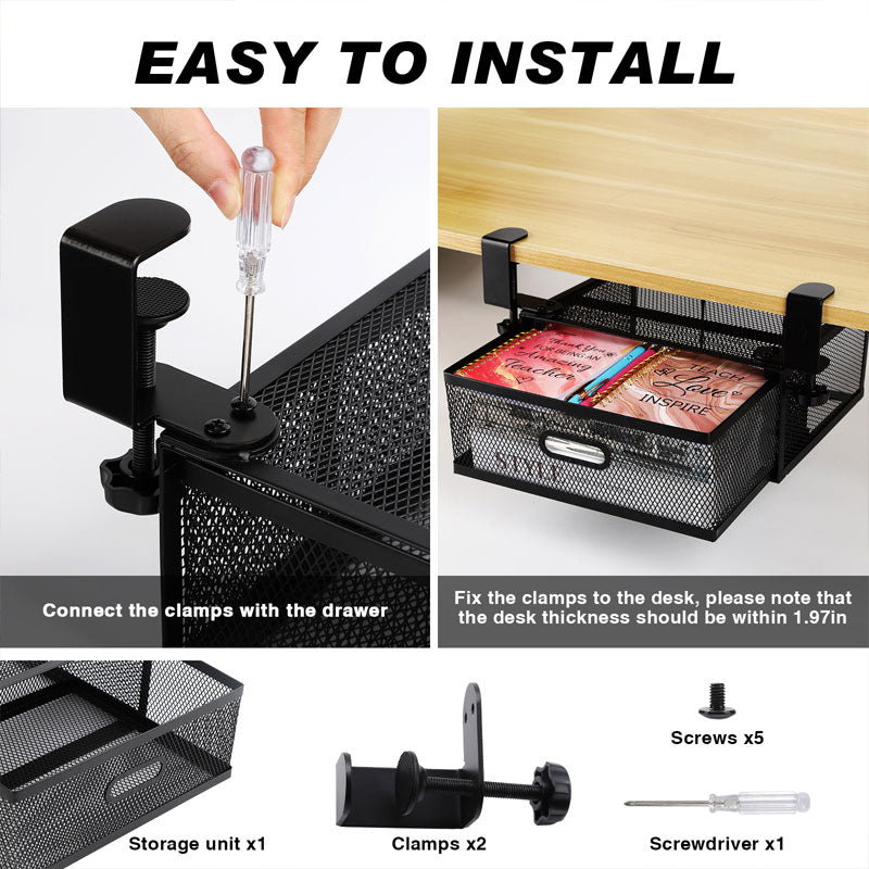 New punch-free under-desk drawer, hidden single-layer shelf, and metal lockable storage basket for office desks.