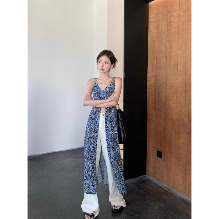 French Floral V-Neck Strapless Dress Women's Sweet and Spicy Split Long Dress Blue Retro Charm
