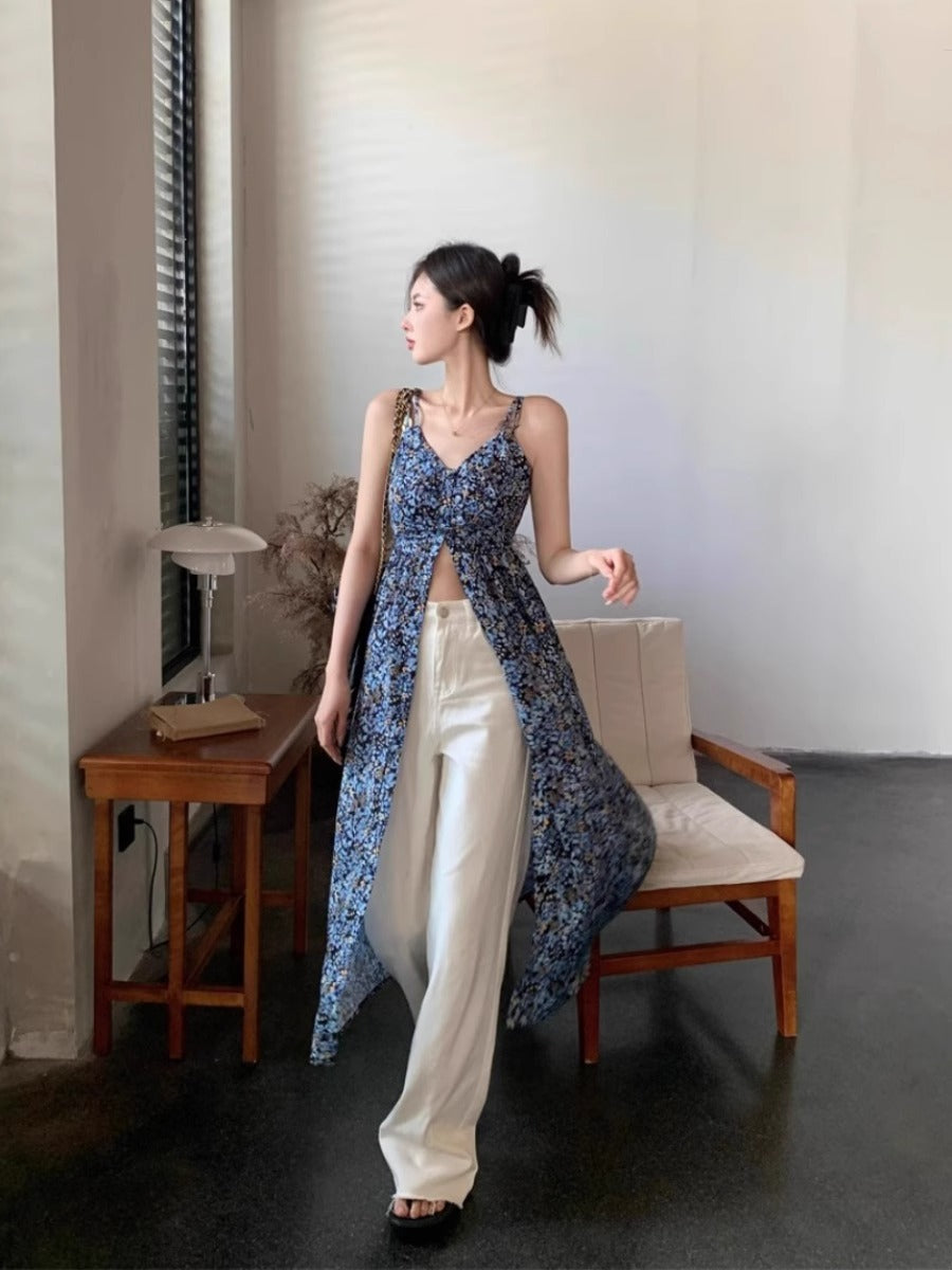 French Floral V-Neck Strapless Dress Women's Sweet and Spicy Split Long Dress Blue Retro Charm