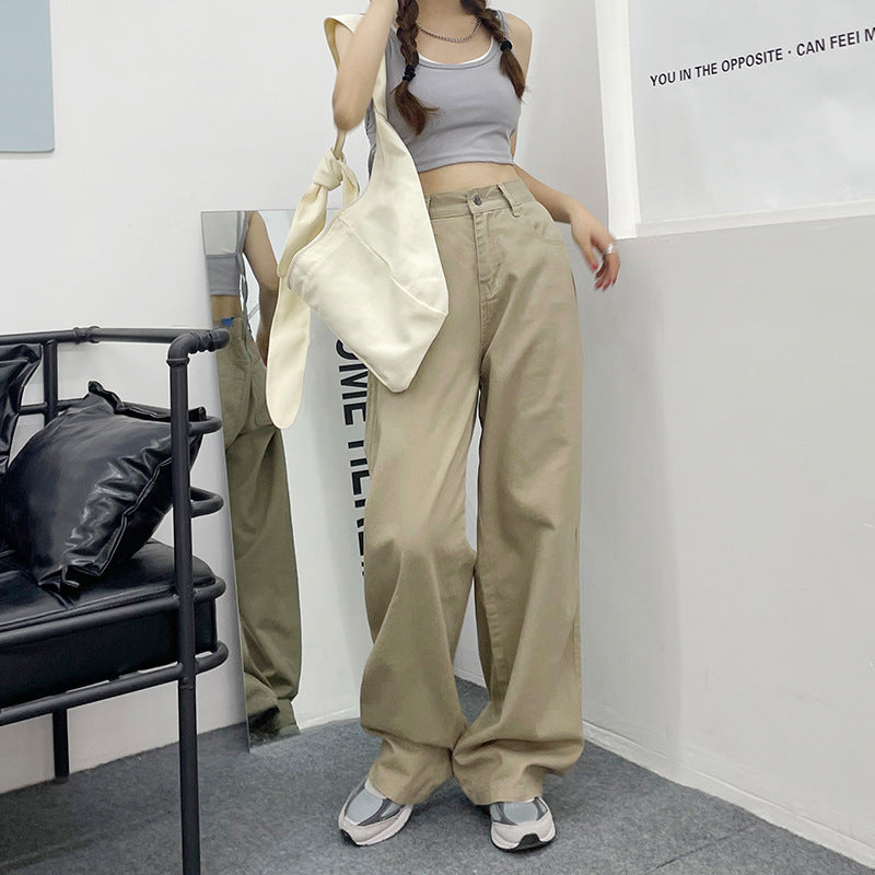 Khaki Wide-Leg Jeans Women's Summer Retro High-Waist Draped Floor-Length Pants