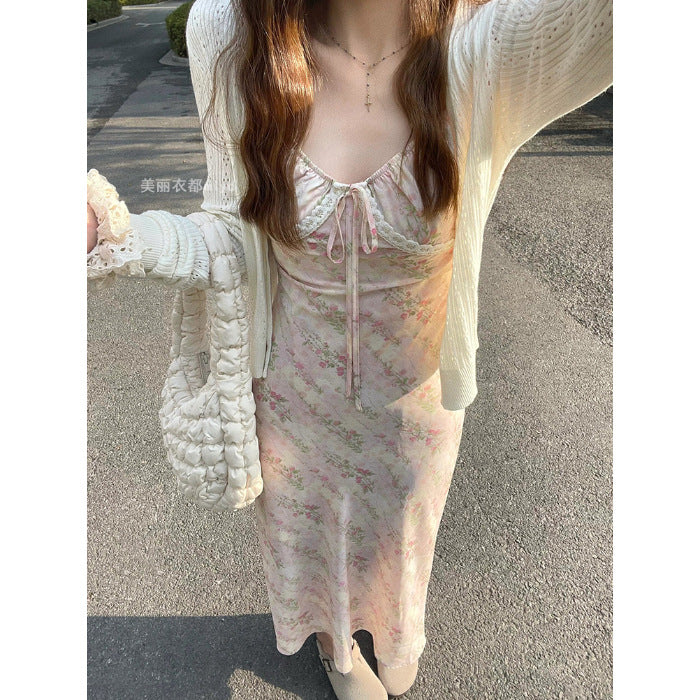 Lace Trimmed Floral Print Dress Women's French Gentle A-Line Strapless Long Dress