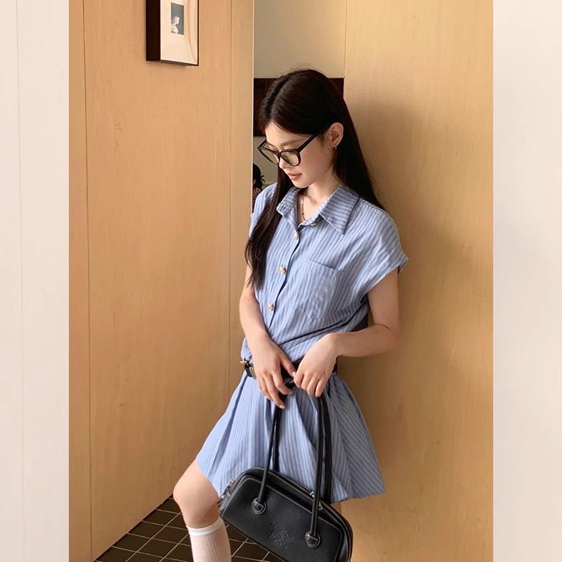 Blue Striped Shirt Dress Women Style College Wind Waist-Cinched Pleated Short Skirt