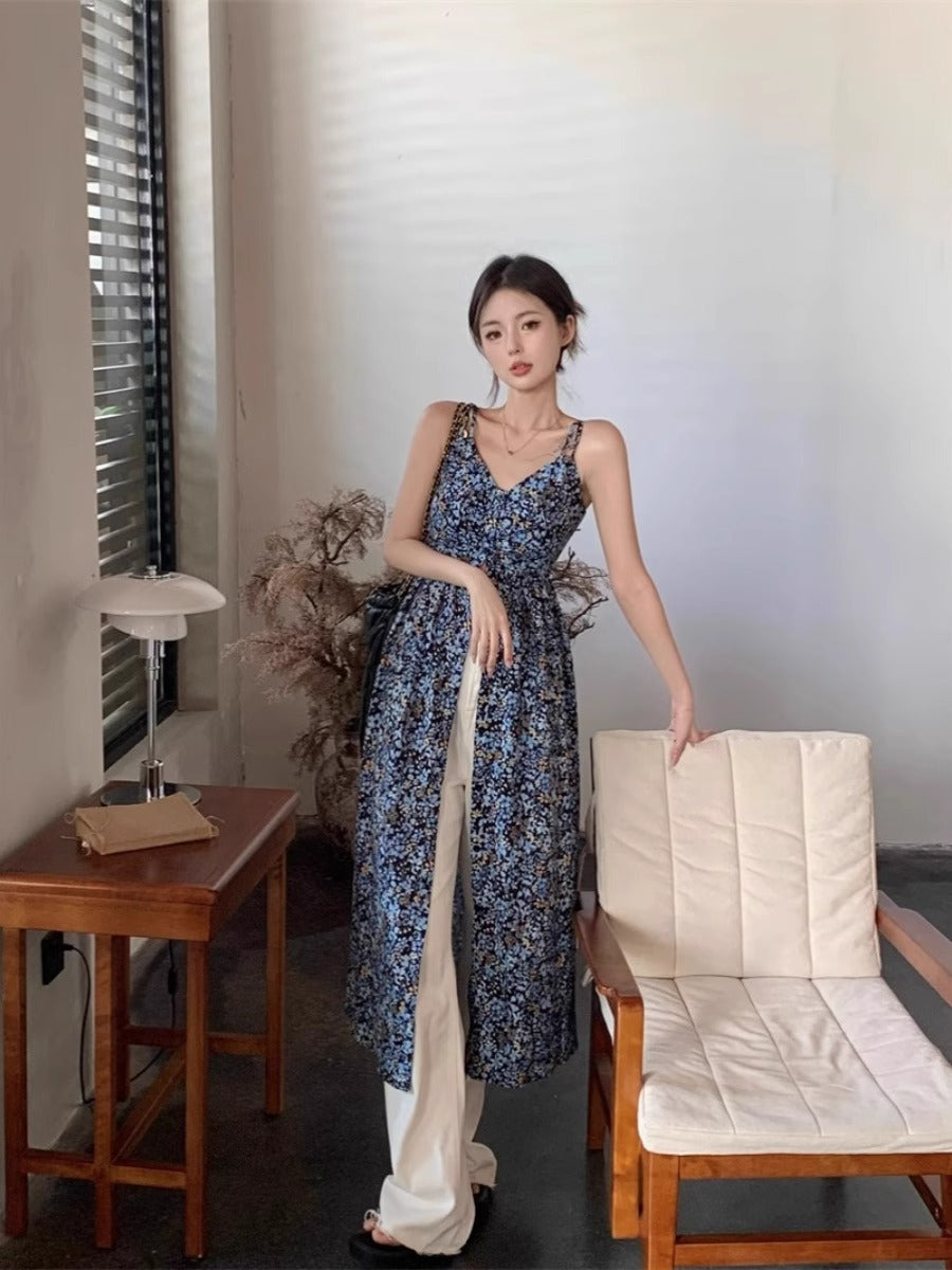 French Floral V-Neck Strapless Dress Women's Sweet and Spicy Split Long Dress Blue Retro Charm