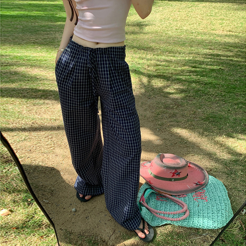 Women's Pants with Blue Plaid High Waist Slimming Straight Leg Wide Leg Trousers