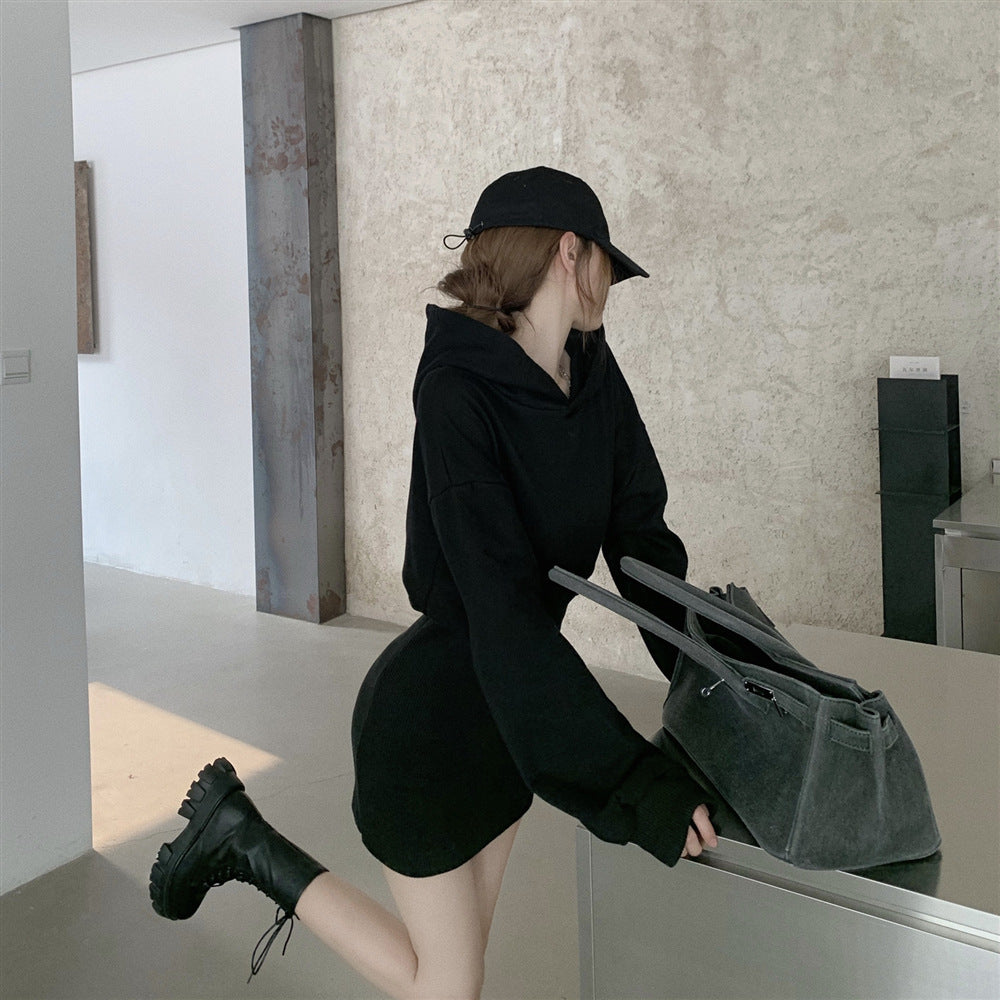 Design Sense Petite Light-Mature Hepburn Style Black Hoodie Dress