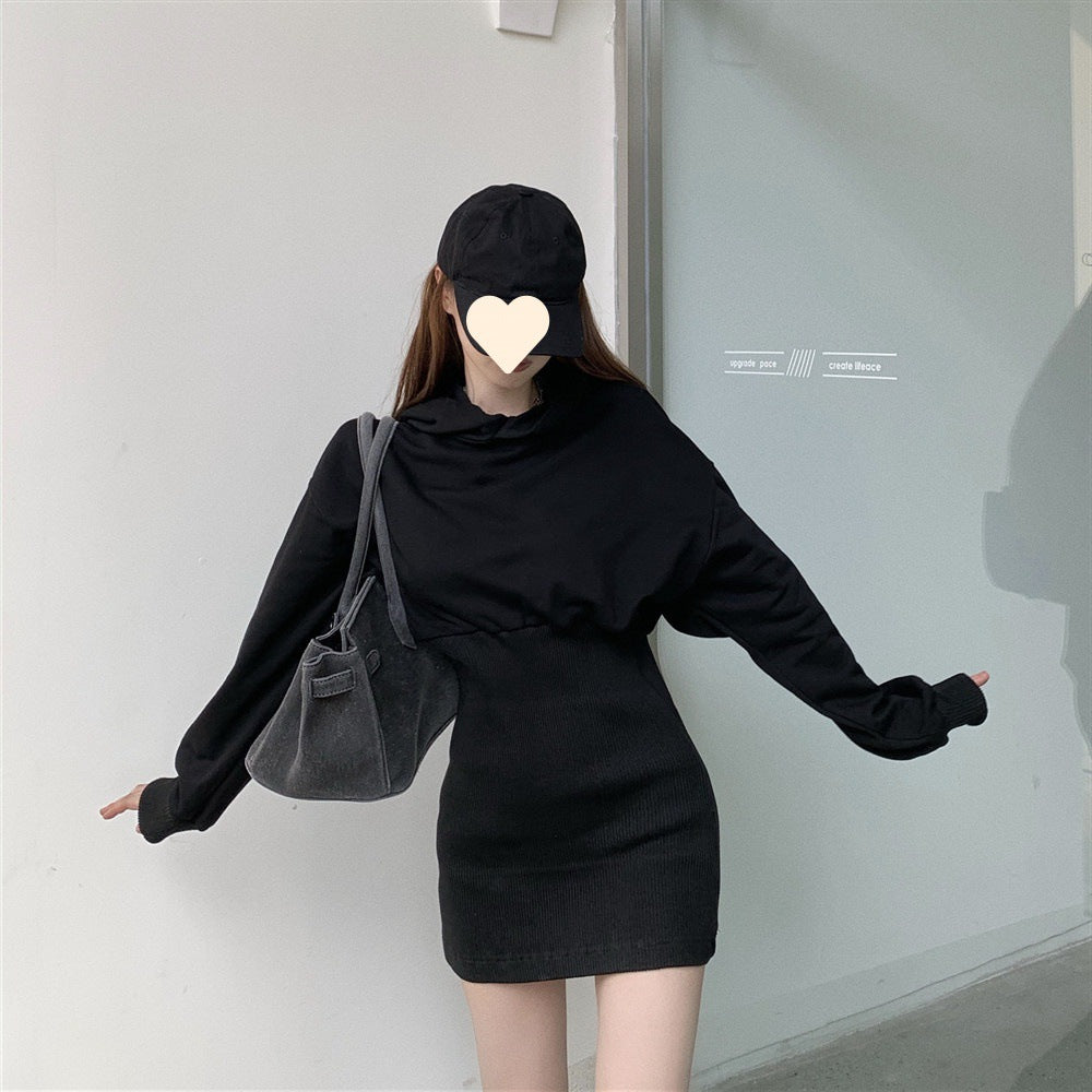 Design Sense Petite Light-Mature Hepburn Style Black Hoodie Dress