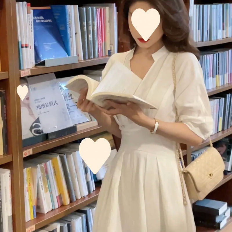 Unique Design Women's White V-Neck Dress Elegant Fashion Slimming Midi Dress