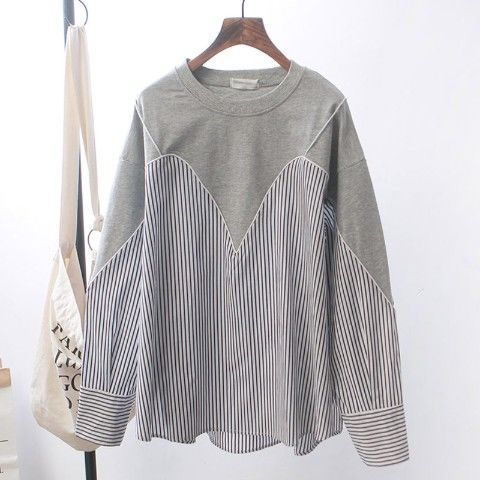 Oversized Tops Fashion Sweatshirts Women Clothing Patchwork Striped Casual Y2k Top Chic Fake Two Korean Loose Hoodies Ropa Mujer
