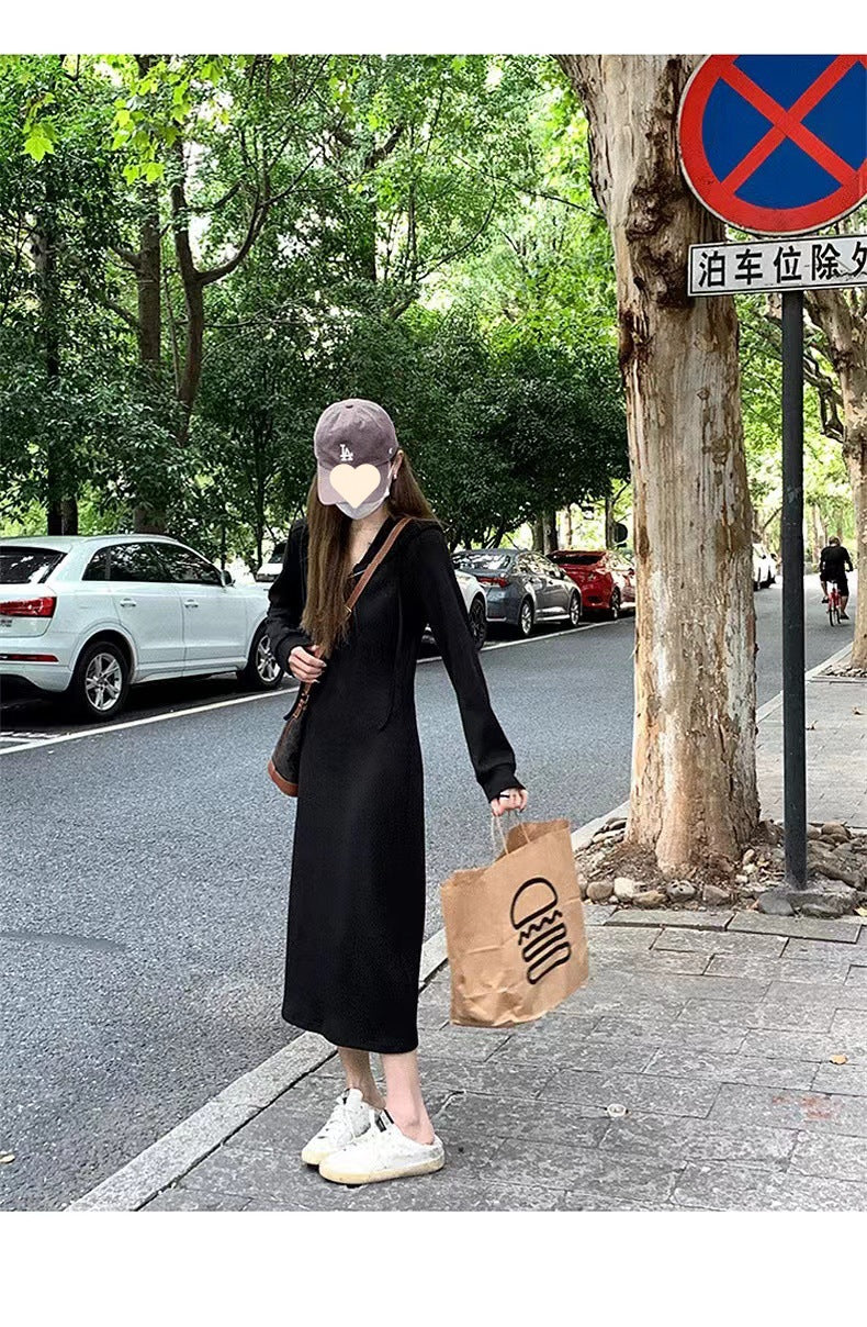 Style Casual Hoodie Dress Long Skirt for Early Women's Long Dress with Coat Inner Wear Base Layer Long Skirt