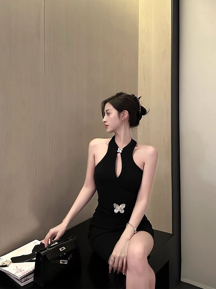 New Chinese Style Improved Qipao Spicy Girl Sexy Backless Black Halter Dress Women Spring Fitted Bodycon Tank Dress