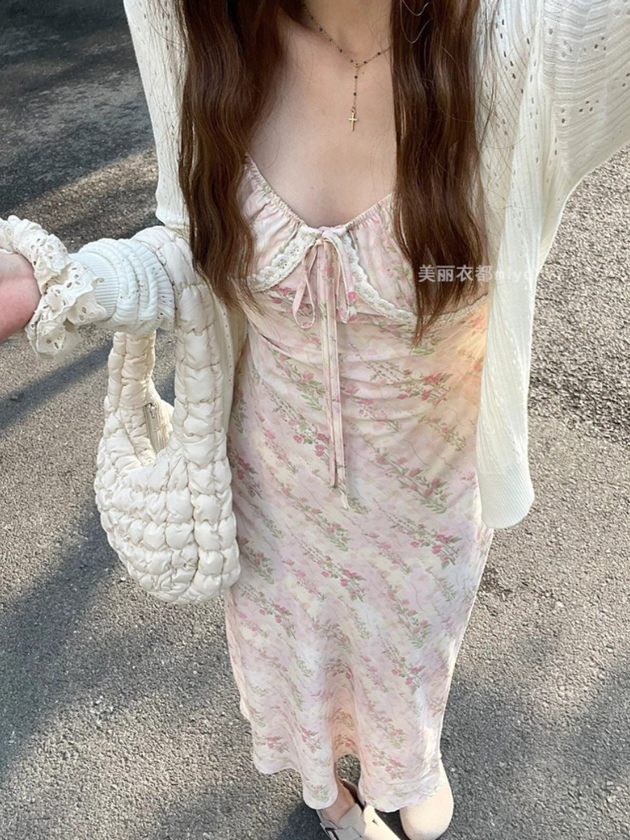 Lace Trimmed Floral Print Dress Women's French Gentle A-Line Strapless Long Dress