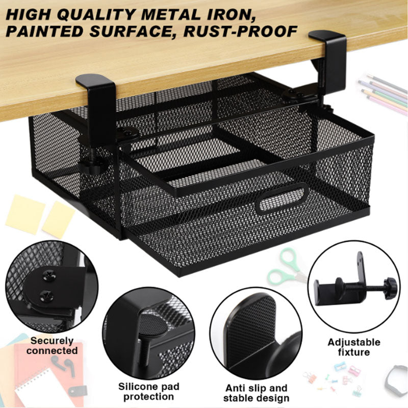 New punch-free under-desk drawer, hidden single-layer shelf, and metal lockable storage basket for office desks.