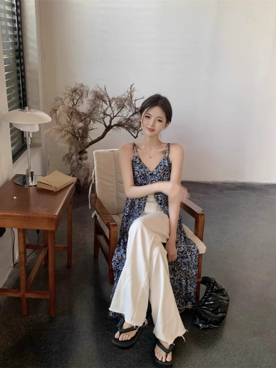 French Floral V-Neck Strapless Dress Women's Sweet and Spicy Split Long Dress Blue Retro Charm
