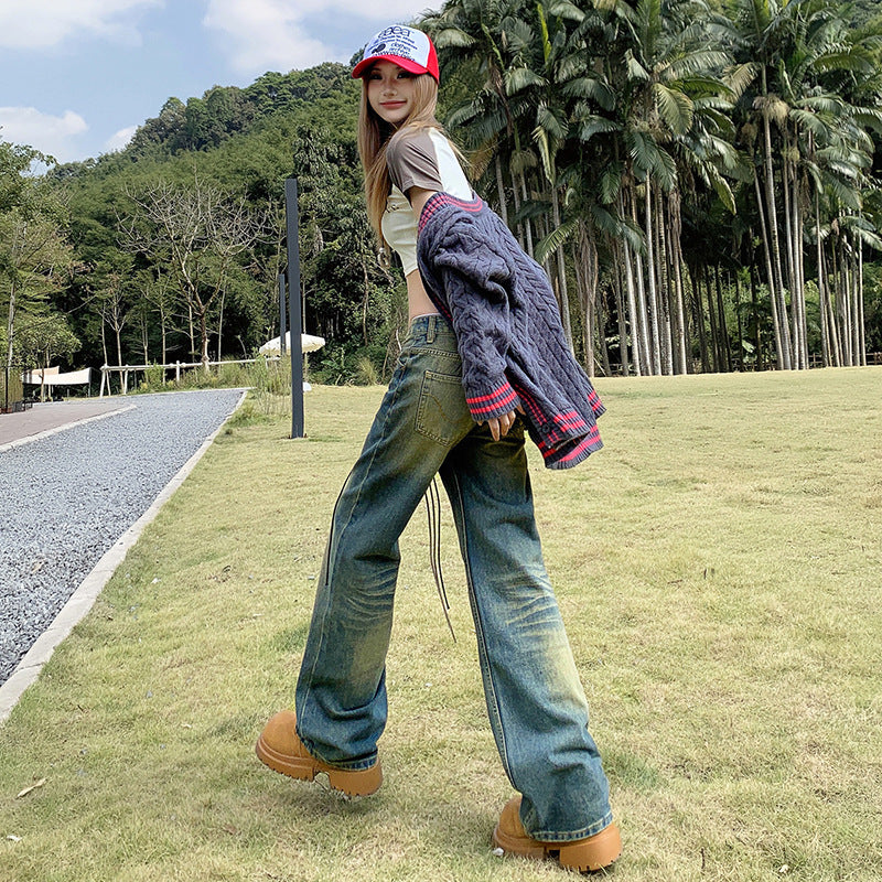 Women's Low-Waist Flared Denim Pants Loose Wide-Leg Straight Trousers