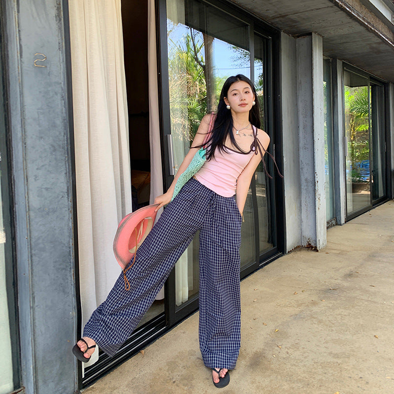 Women's Pants with Blue Plaid High Waist Slimming Straight Leg Wide Leg Trousers
