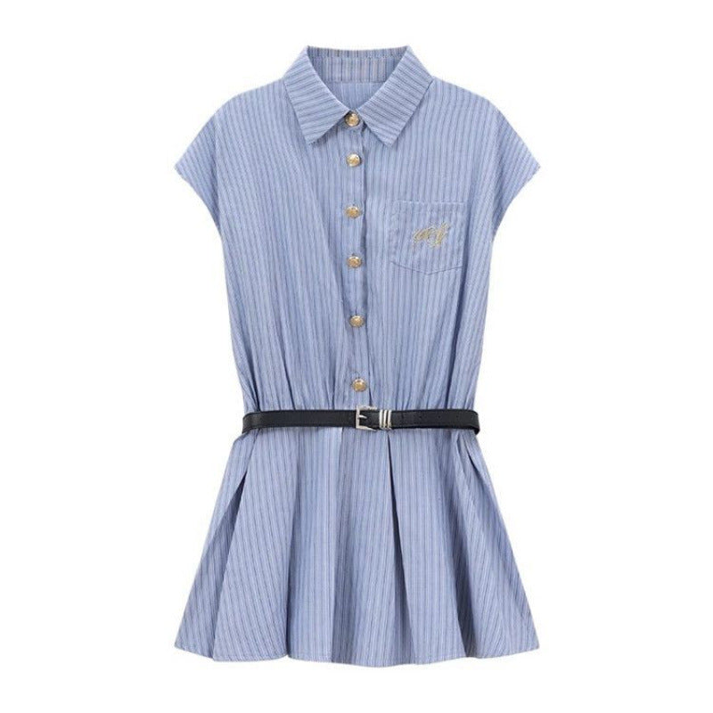Blue Striped Shirt Dress Women Style College Wind Waist-Cinched Pleated Short Skirt