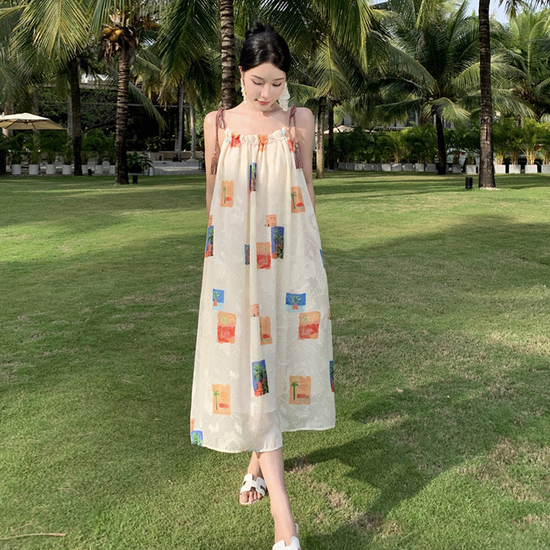 Sanya Beach Vacation Tassel Strap Printed Strap Dress Travel Photography Loose Temperament Fairy Sand Beach Dress
