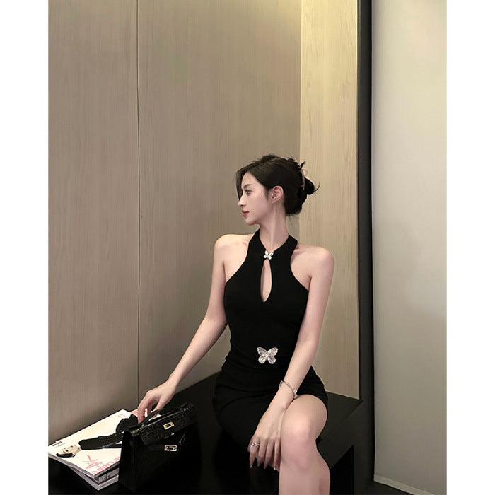 New Chinese Style Improved Qipao Spicy Girl Sexy Backless Black Halter Dress Women Spring Fitted Bodycon Tank Dress