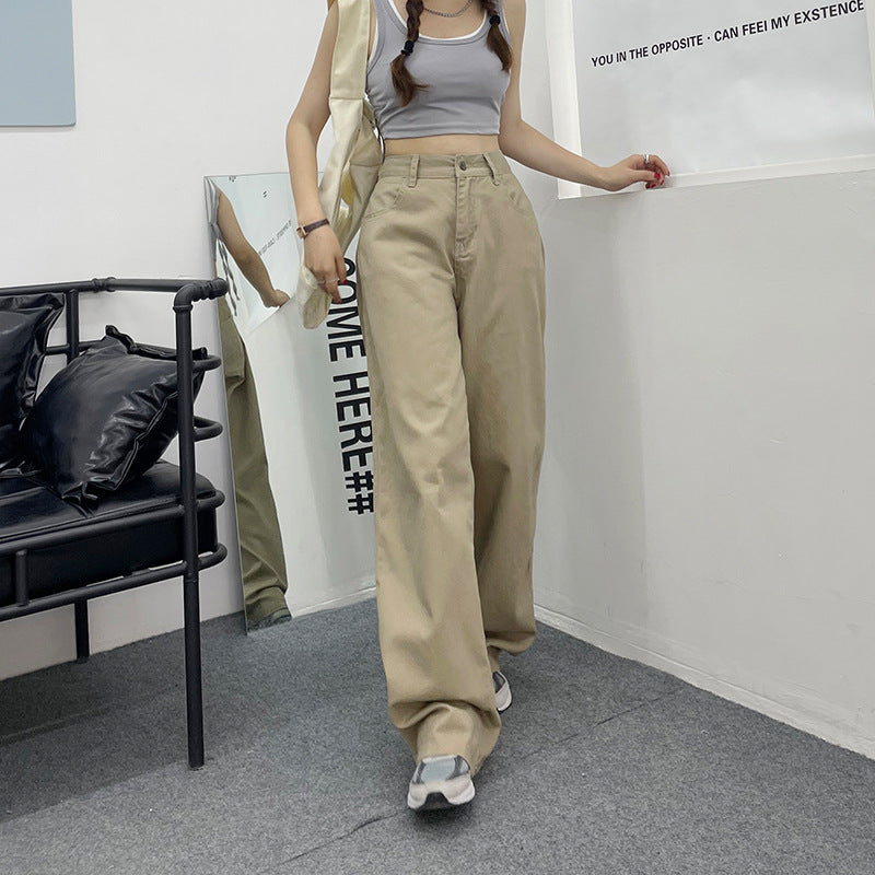 Khaki Wide-Leg Jeans Women's Summer Retro High-Waist Draped Floor-Length Pants