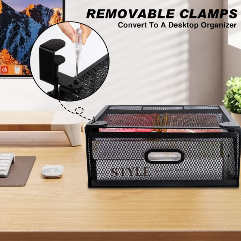 New punch-free under-desk drawer, hidden single-layer shelf, and metal lockable storage basket for office desks.