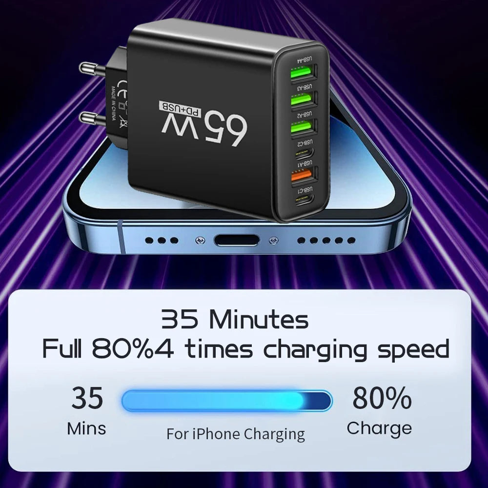Cargador USB multipuerto de 65W, adaptador de cargador de teléfono tipo C de carga rápida para iPhone, Samsung, Xiaomi, Huawei, cargador de pared con enchufe UE/EE. UU.