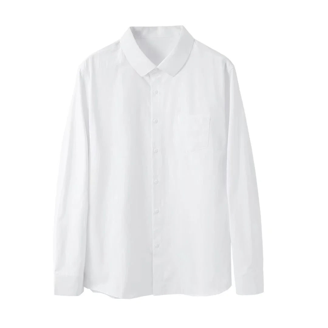 Camisa blanca de manga larga para hombre, holgada, de Color puro, cuello Simple, estilo de pareja, estilo académico, Dk coreano