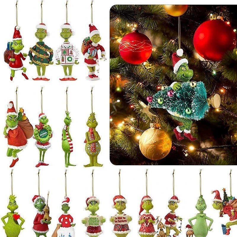 18 Uds. De adornos acrílicos 2D para árbol de Navidad, monstruos verdes, lindos colgantes para árbol de Navidad, adornos navideños de dibujos animados