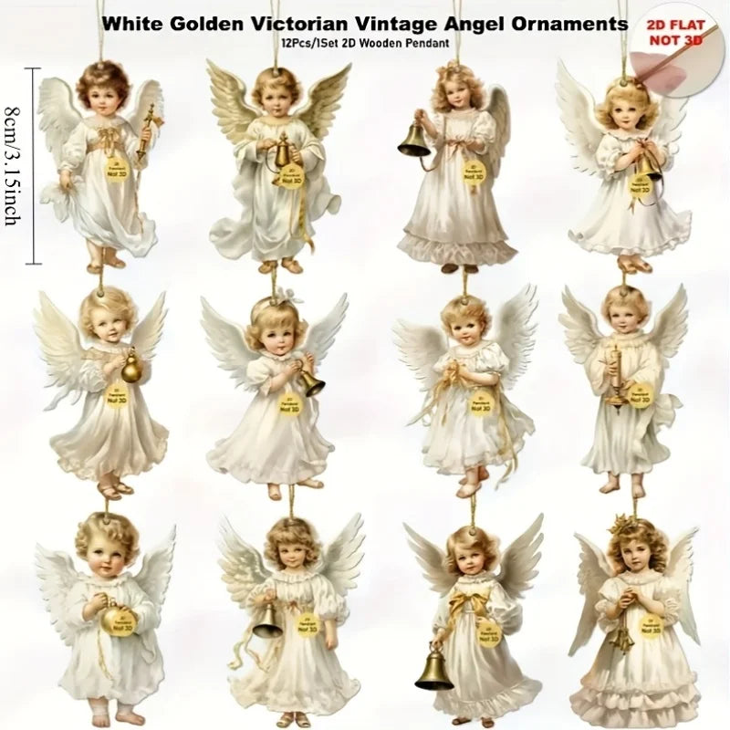 12 Uds. Colgantes de madera de Ángel navideño Vintage, adornos colgantes de madera Artificial, perfectos para decoración navideña del hogar y al aire libre