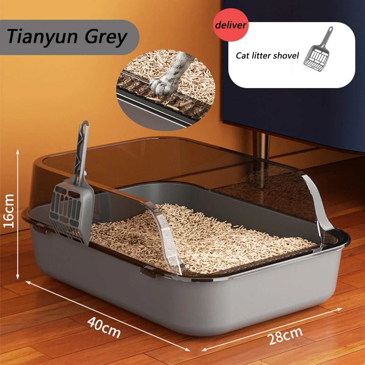 Caja de arena para gatos, caja de arena gruesa para gatitos, semicerrada, de lado alto, a prueba de salpicaduras, con cuchara para arena, suministros de limpieza para gatos