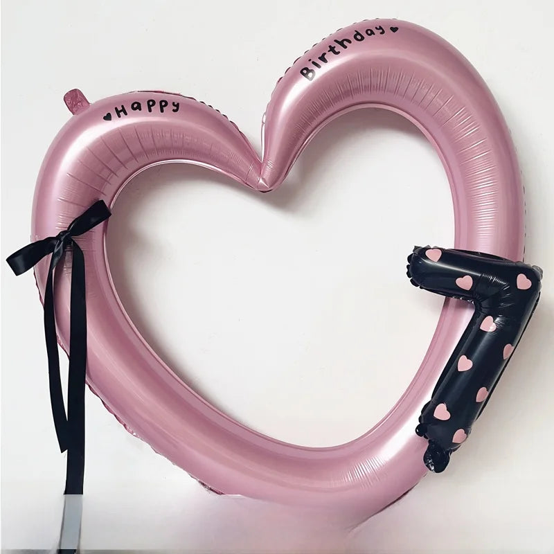 Globo de aluo con forma de corazón rosa, hueco, para fiesta de cumpleaños, marco de utilería para fotos, globo con nudo d...