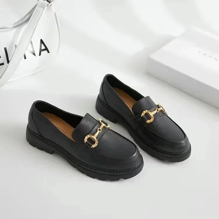 2022 nuevos zapatos Lefort primavera otoño estilo británico Vintage pequeña hebilla dorada punta redonda PVC zapatos Lefort de fondo grueso