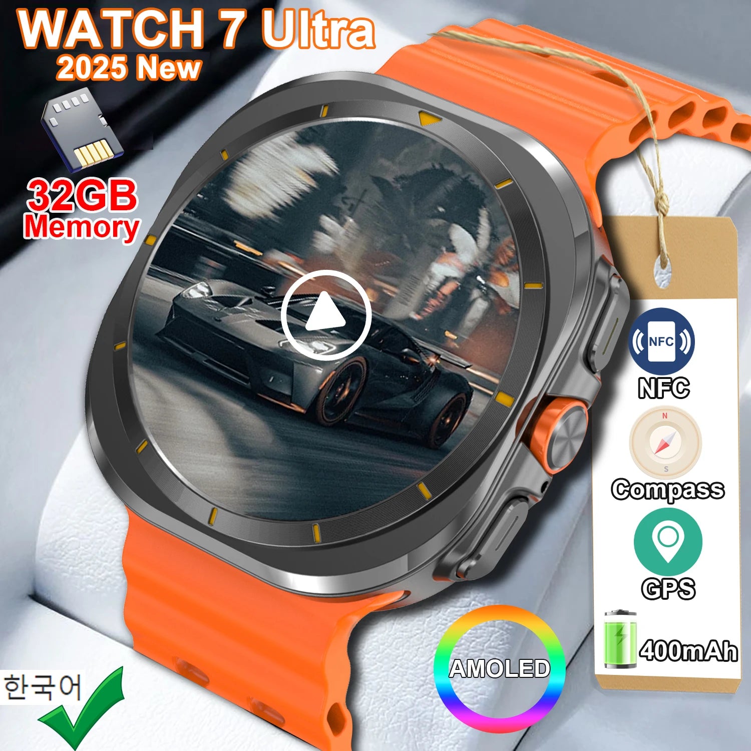 2025 nuevo reloj 7 Ultra reloj inteligente para hombres 32GB de memoria pantalla de vídeo 3D reloj inteligente deportivo GPS NFC brújula oxígeno en sangre Smartwatch