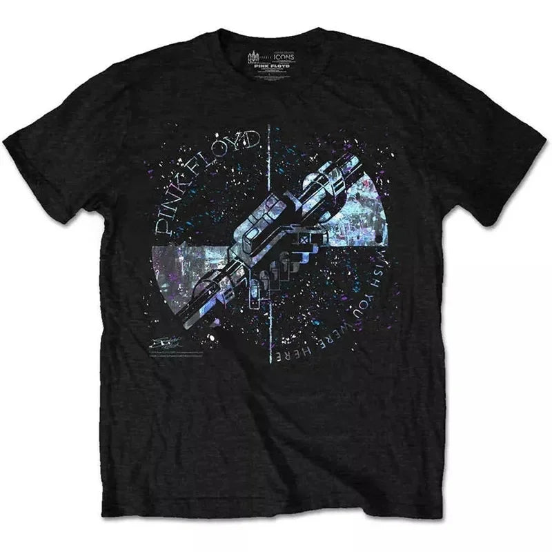 Camiseta holgada de Floyd Rock rosa para hombre, estilo americano Vintage, cuello redondo, manga corta, manga de pétalo de algodón, camiseta de banda decorada