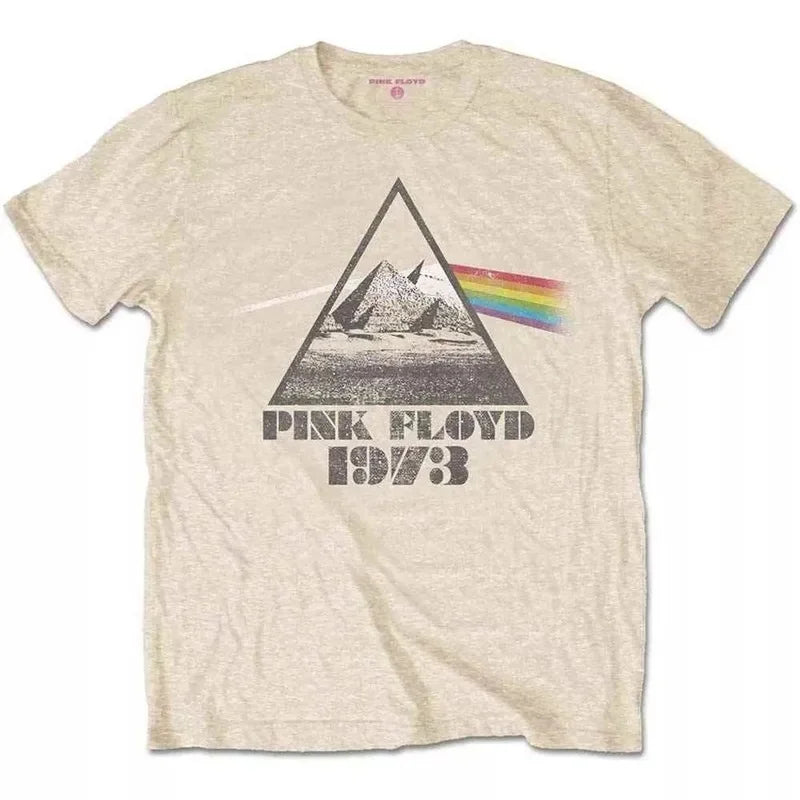Camiseta holgada de Floyd Rock rosa para hombre, estilo americano Vintage, cuello redondo, manga corta, manga de pétalo de algodón, camiseta de banda decorada