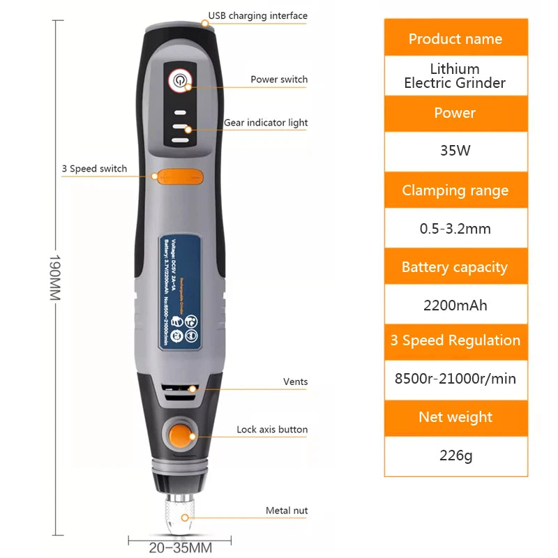 Herramienta rotativa inalámbrica USB de 35W Dremel DIY Mini taladro pluma de grabado eléctrico 3 velocidades Mini juego de taladro inalámbrico 8500r-21000r/min