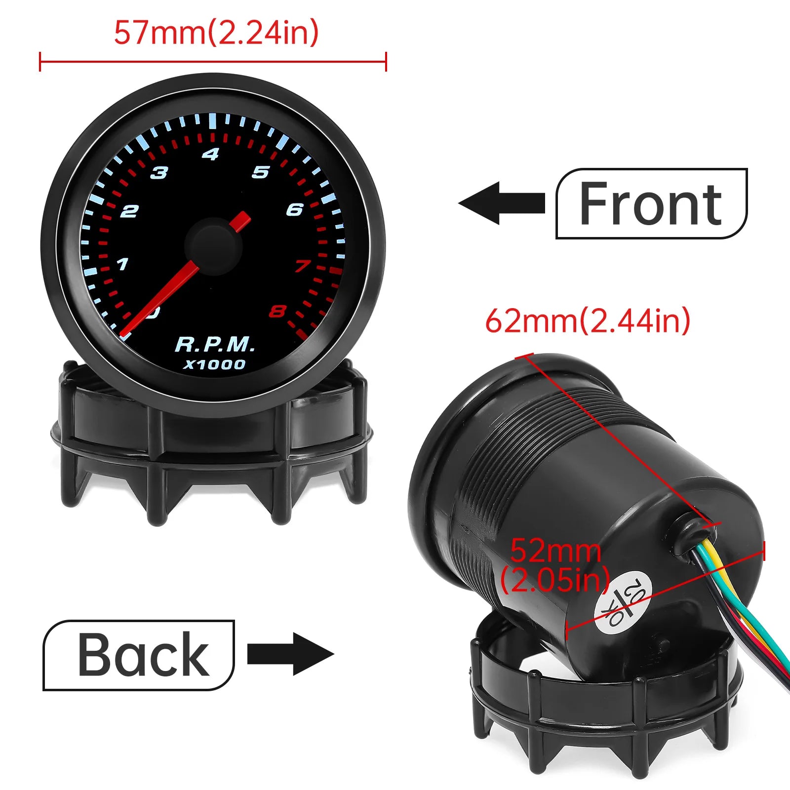 Tacómetro automático con lente ahumada de 2 '', 52mm, luz roja LED blanca, medidor de 0-8000 RPM, tacómetro para coche para vehículos universales de 1-8 cilindros