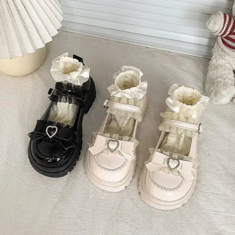 Primavera 2025 Nudo de mariposa encaje dulce lindo Lolita tacón grueso Mary Jane zapatos individuales mujeres PU cuero punta redonda tacón medio