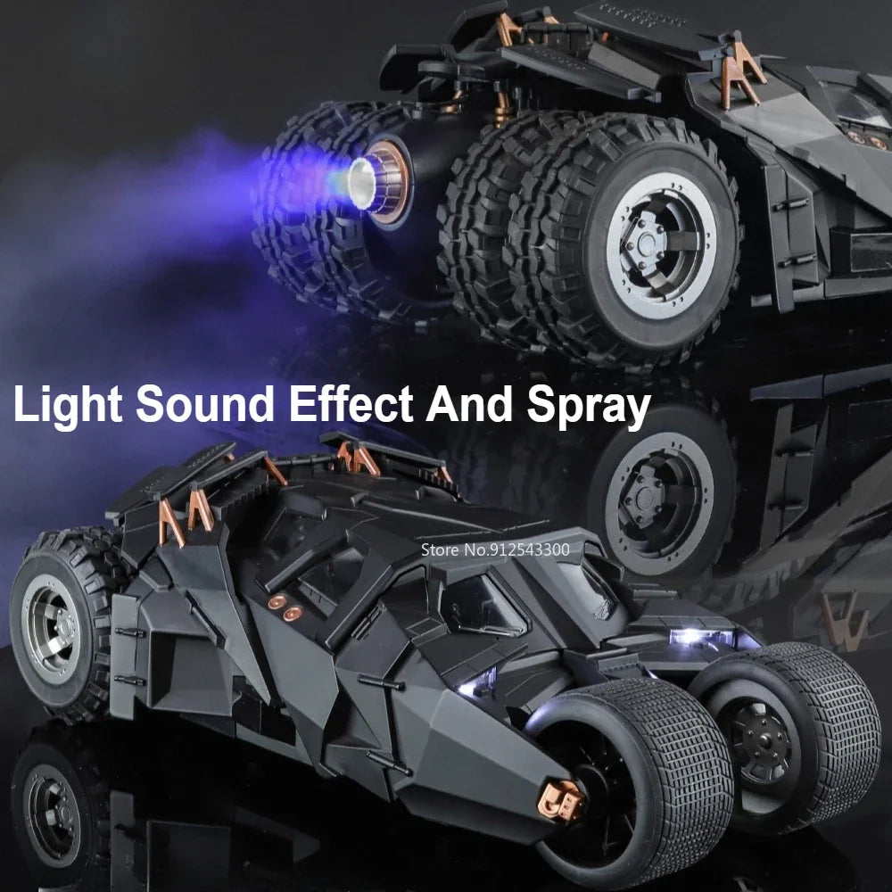 Modelo de coche de batmóvel a gran escala 1:18, juguete del Caballero Oscuro, trilogía, sonido, luz, aerosol deslizante, modelos de vehículos de aleación, adornos, regalos