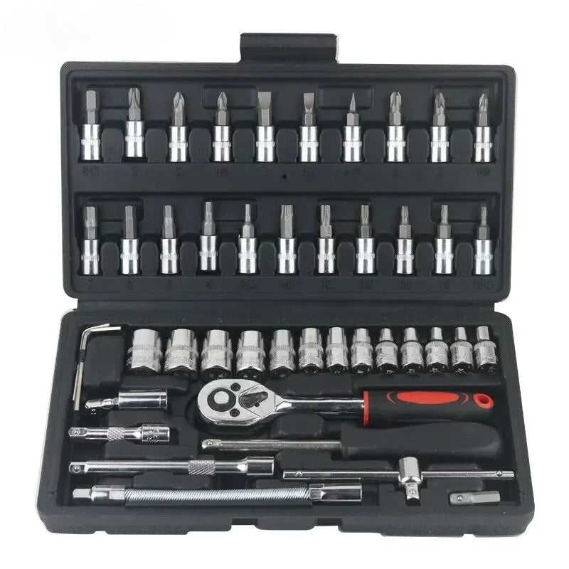 Kit de herramientas de reparación de automóviles, juego de enchufes de 1/4 pulgadas, herramienta de reparación de automóviles, llave dinamométrica de trinquete, Combo, juego de reparación automática, herramienta mecánica, 46 Uds.