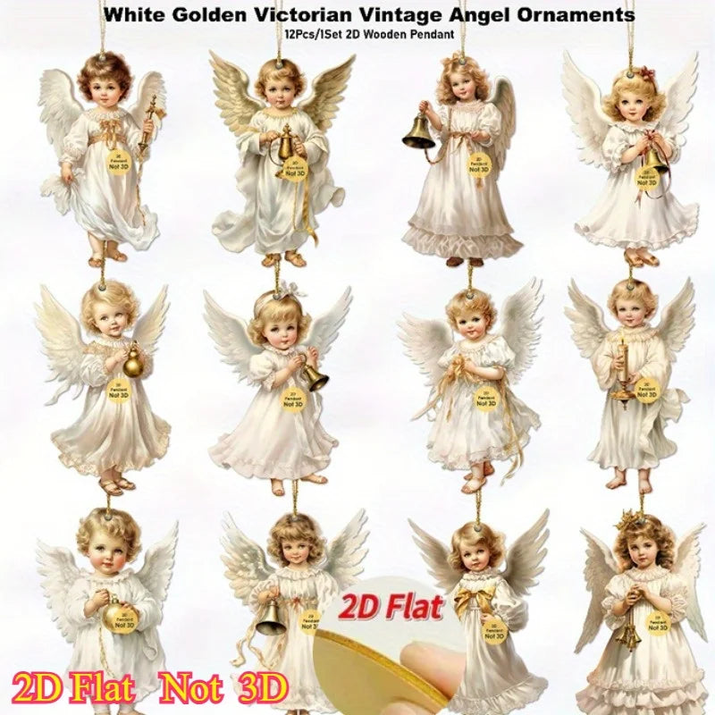 12 Uds. Colgantes de madera de Ángel navideño Vintage, adornos colgantes de madera Artificial, perfectos para decoración navideña del hogar y al aire libre