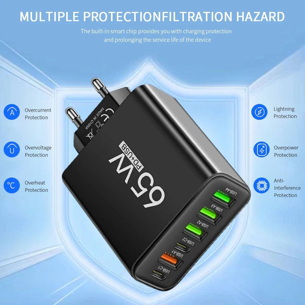 Cargador USB multipuerto de 65W, adaptador de cargador de teléfono tipo C de carga rápida para iPhone, Samsung, Xiaomi, Huawei, cargador de pared con enchufe UE/EE. UU.