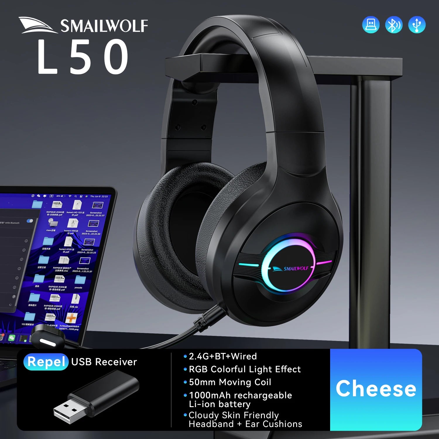 SmailWolf-L80 auriculares inalámbricos Bluetooth de tres modos auriculares ligeros 2,4G auriculares para juegos deportes bajos