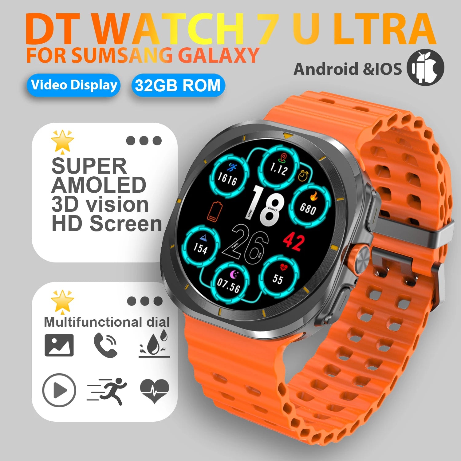 2025 nuevo reloj 7 Ultra reloj inteligente para hombres 32GB de memoria pantalla de vídeo 3D reloj inteligente deportivo GPS NFC brújula oxígeno en sangre Smartwatch