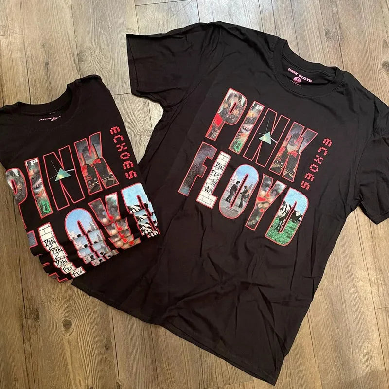Camiseta holgada de Floyd Rock rosa para hombre, estilo americano Vintage, cuello redondo, manga corta, manga de pétalo de algodón, camiseta de banda decorada