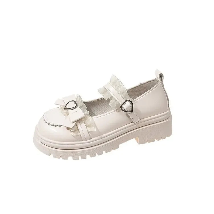 Primavera 2025 Nudo de mariposa encaje dulce lindo Lolita tacón grueso Mary Jane zapatos individuales mujeres PU cuero punta redonda tacón medio