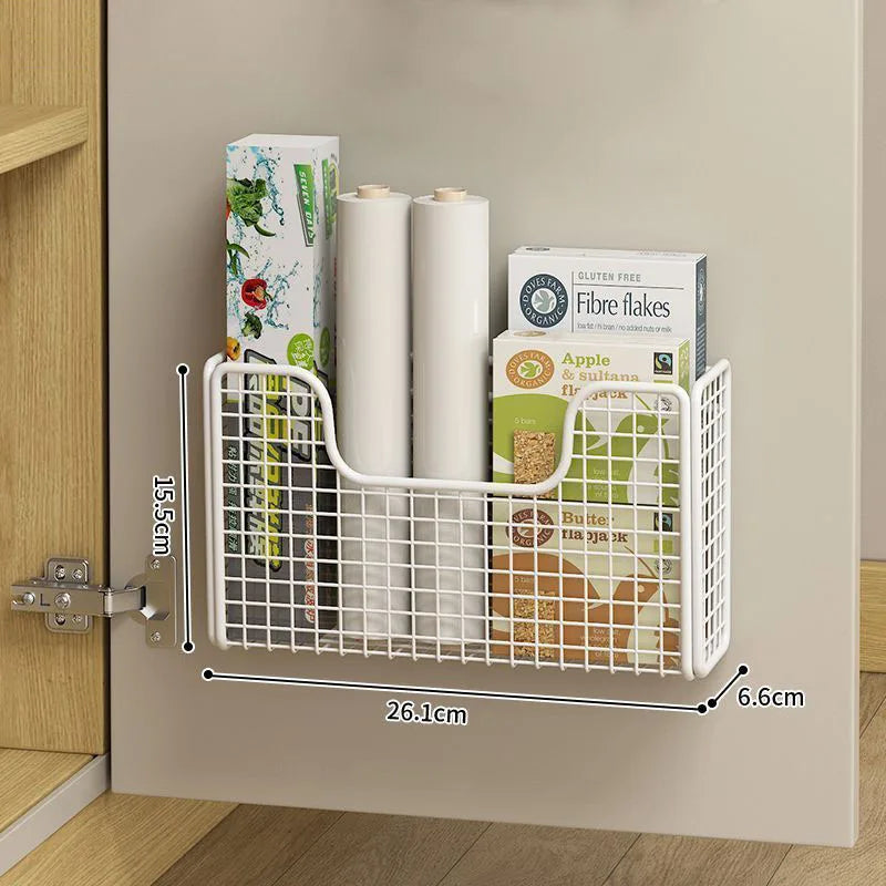 Caja de almacenamiento para puerta de armario de cocina sin perforaciones, estante de hierro, estante de envoltura de plástico para armario montado en la pared, estante para refrigerador de baño