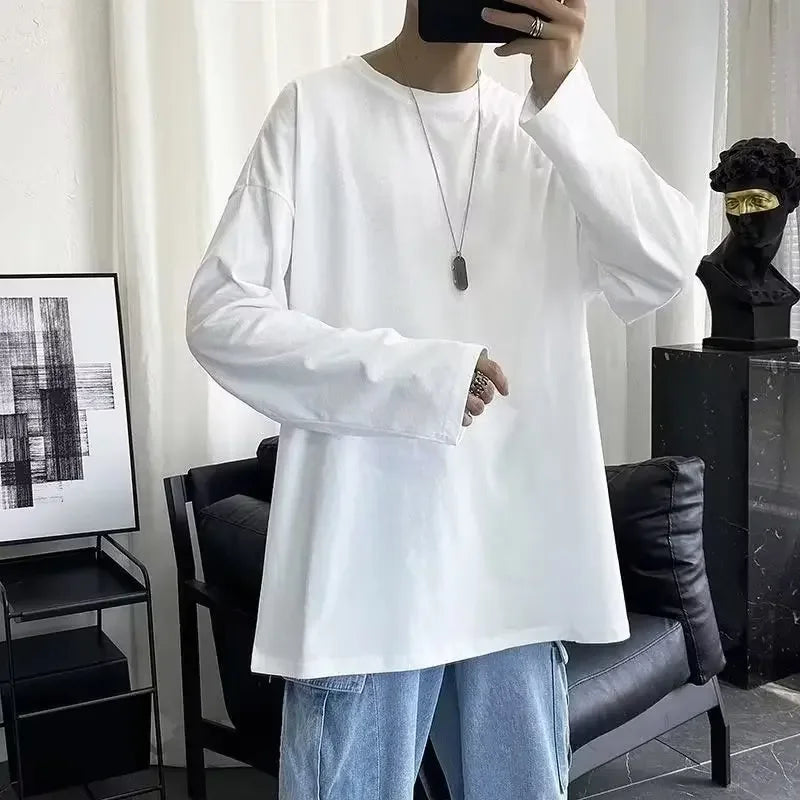 Camiseta de manga larga para hombre, corte holgado, Color sólido, blanco, primavera Otoño, estilo japonés, cuello redondo, capa Base