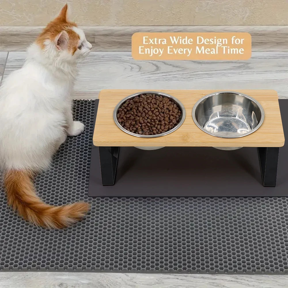 Cuencos elevados para gatos 15 °   Cuencos de comida para gatos elevados inclinados con soporte de madera, 2 cuencos de acero inoxidable antivómitos para gatos y cachorros