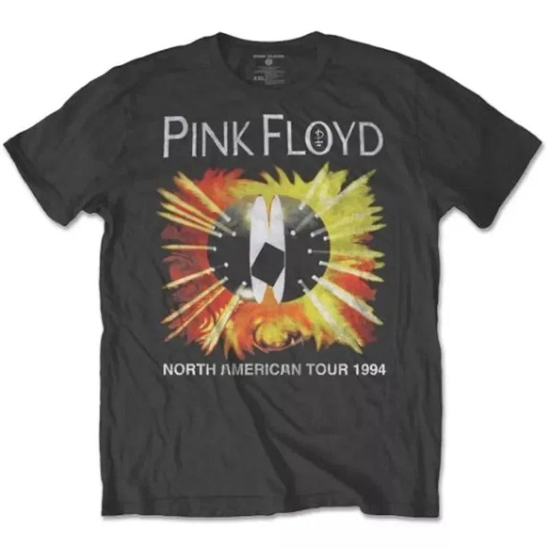 Camiseta holgada de Floyd Rock rosa para hombre, estilo americano Vintage, cuello redondo, manga corta, manga de pétalo de algodón, camiseta de banda decorada